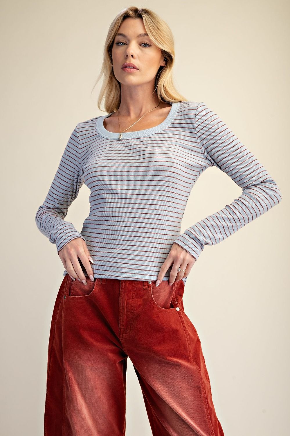 Easel Dusty Blue Stripe Rib Knit Top-Tops-Easel-Deja Nu Boutique, Women's Fashion Boutique in Lampasas, Texas