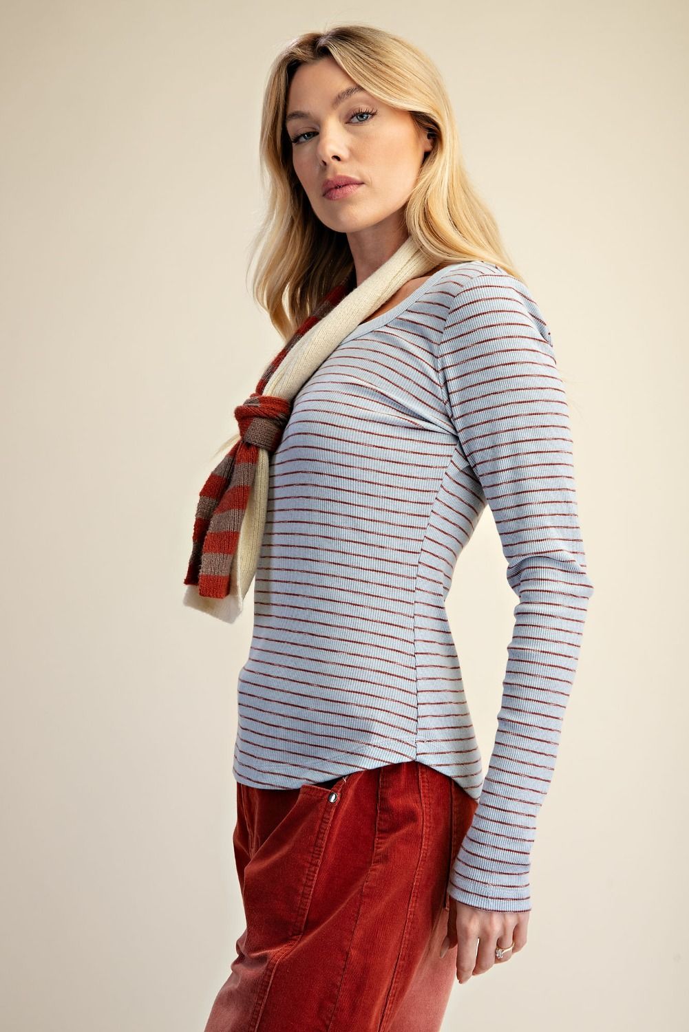 Easel Dusty Blue Stripe Rib Knit Top-Tops-Easel-Deja Nu Boutique, Women's Fashion Boutique in Lampasas, Texas