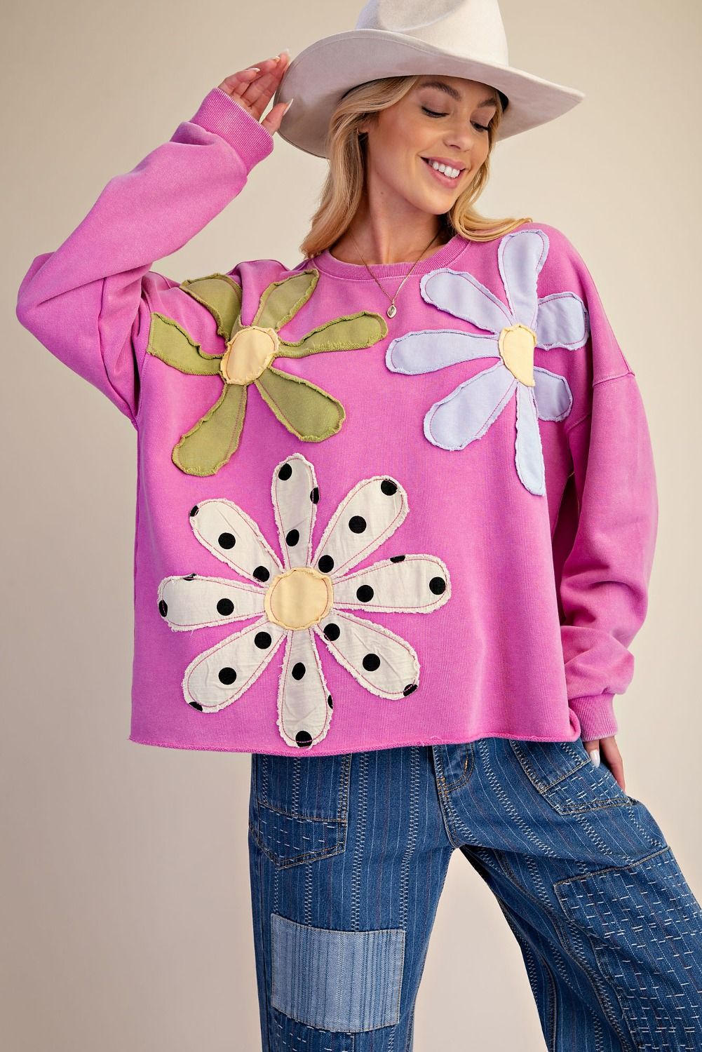 Easel Floral Patch Washed Terry Pullover in Dragon Fruit-sweatshirt-Easel-Deja Nu Boutique, Women's Fashion Boutique in Lampasas, Texas