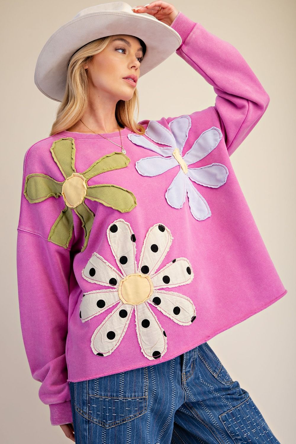 Easel Floral Patch Washed Terry Pullover in Dragon Fruit-sweatshirt-Easel-Deja Nu Boutique, Women's Fashion Boutique in Lampasas, Texas