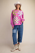 Easel Floral Patch Washed Terry Pullover in Dragon Fruit-sweatshirt-Easel-Deja Nu Boutique, Women's Fashion Boutique in Lampasas, Texas