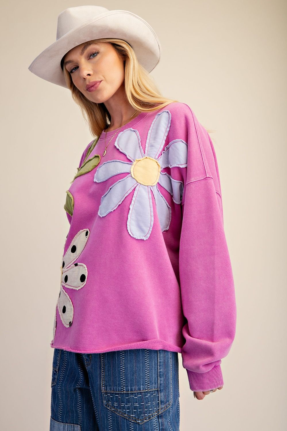 Easel Floral Patch Washed Terry Pullover in Dragon Fruit-sweatshirt-Easel-Deja Nu Boutique, Women's Fashion Boutique in Lampasas, Texas