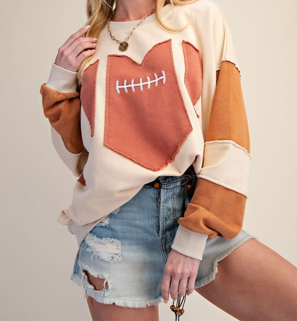 Easel Cinnamon Latte Friday Night Lights Game Day Patch Washed Terry Pullover-sweatshirt-Easel-Deja Nu Boutique, Women's Fashion Boutique in Lampasas, Texas