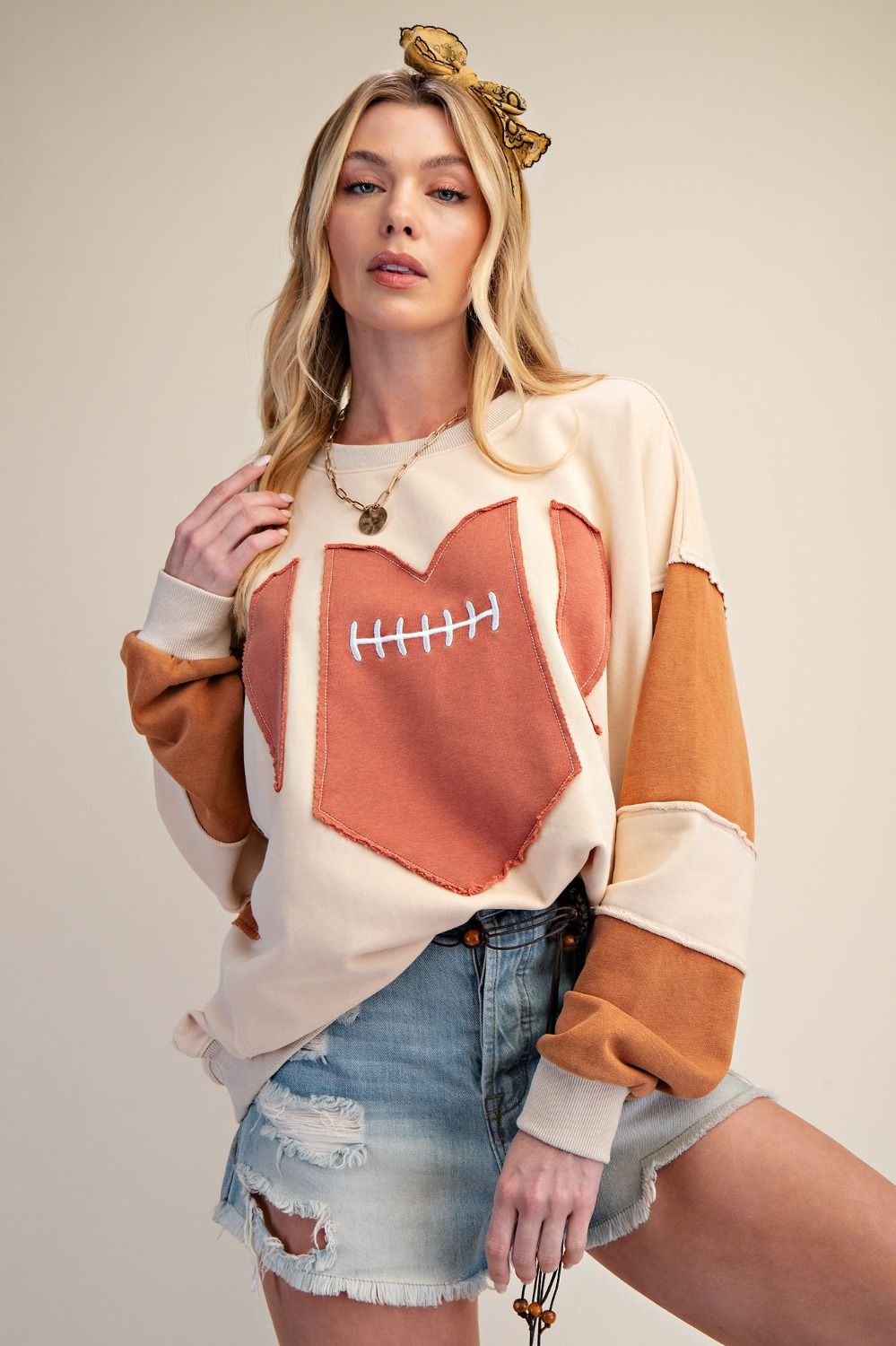 Easel Cinnamon Latte Friday Night Lights Game Day Patch Washed Terry Pullover-sweatshirt-Easel-Deja Nu Boutique, Women's Fashion Boutique in Lampasas, Texas