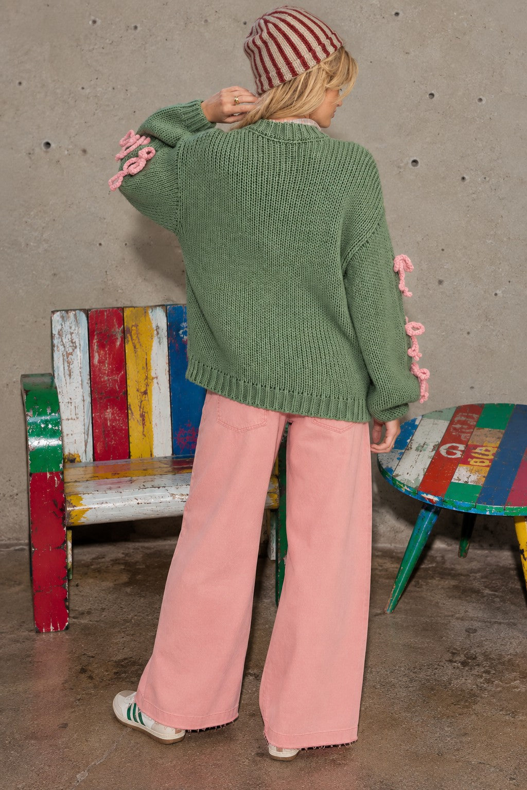 Easel Bow & Falalala Knitted Sweater in Green & Pink-Sweaters-Easel-Deja Nu Boutique, Women's Fashion Boutique in Lampasas, Texas