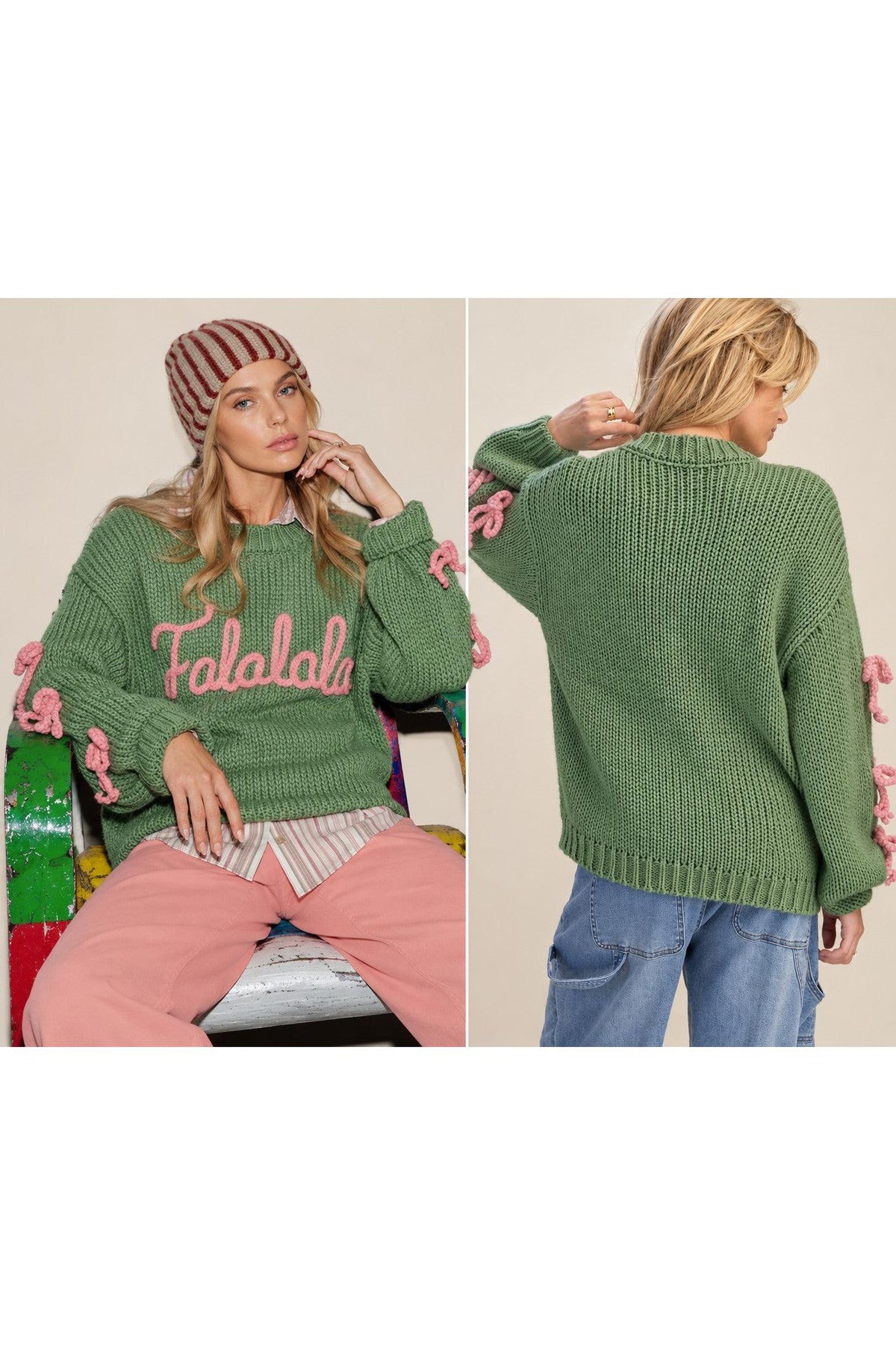 Easel Bow & Falalala Knitted Sweater in Green & Pink-Sweaters-Easel-Deja Nu Boutique, Women's Fashion Boutique in Lampasas, Texas