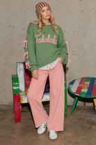 Easel Bow & Falalala Knitted Sweater in Green & Pink-Sweaters-Easel-Deja Nu Boutique, Women's Fashion Boutique in Lampasas, Texas