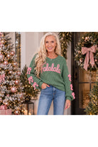 Easel Bow & Falalala Knitted Sweater in Green & Pink-Sweaters-Easel-Deja Nu Boutique, Women's Fashion Boutique in Lampasas, Texas