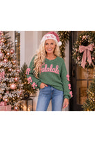 Easel Bow & Falalala Knitted Sweater in Green & Pink-Sweaters-Easel-Deja Nu Boutique, Women's Fashion Boutique in Lampasas, Texas