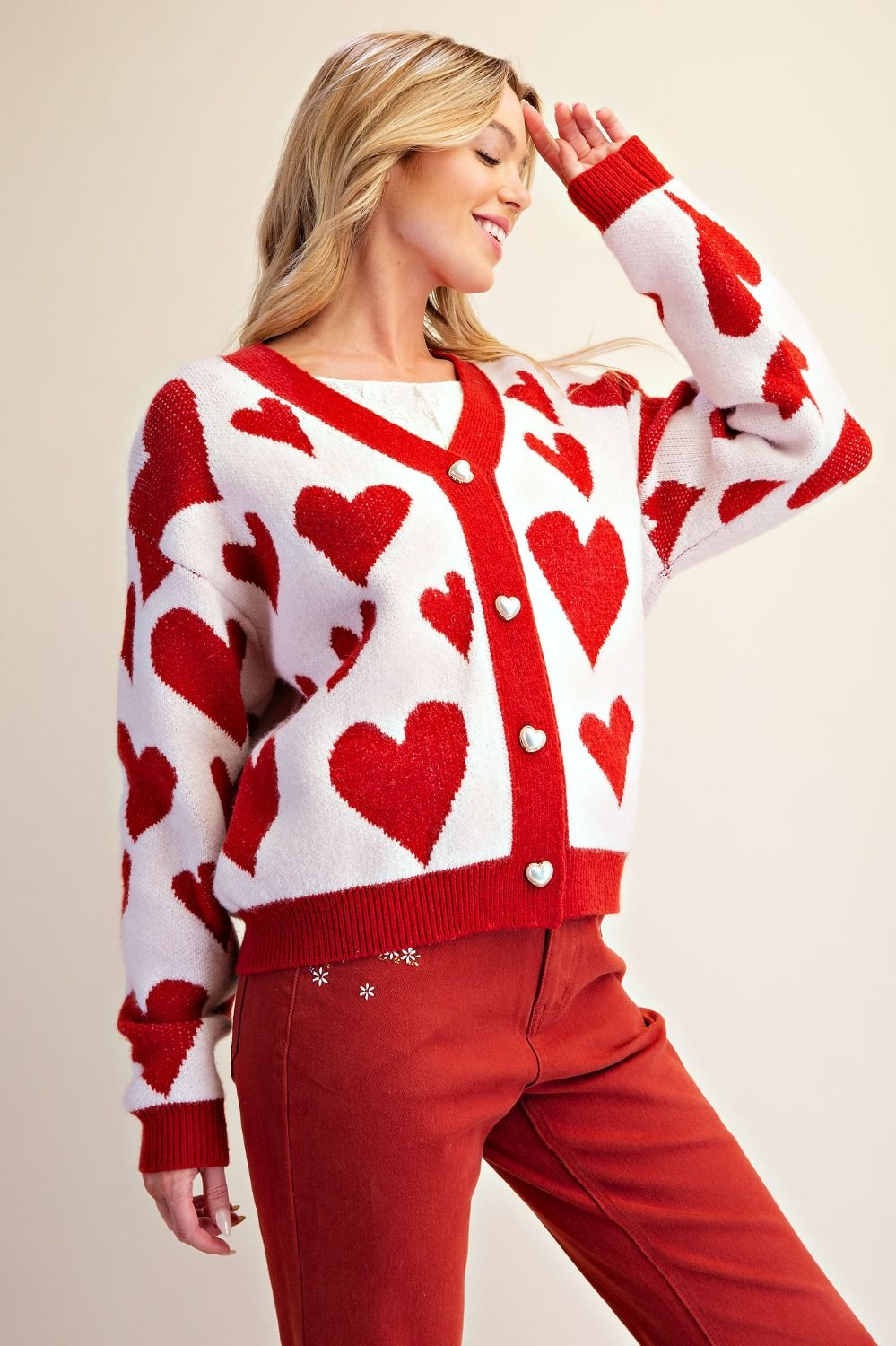 Easel Heart Pattern Knitted Sweater Cardigan in Ivory & Red-Cardigans & Kimonos-Easel-Deja Nu Boutique, Women's Fashion Boutique in Lampasas, Texas