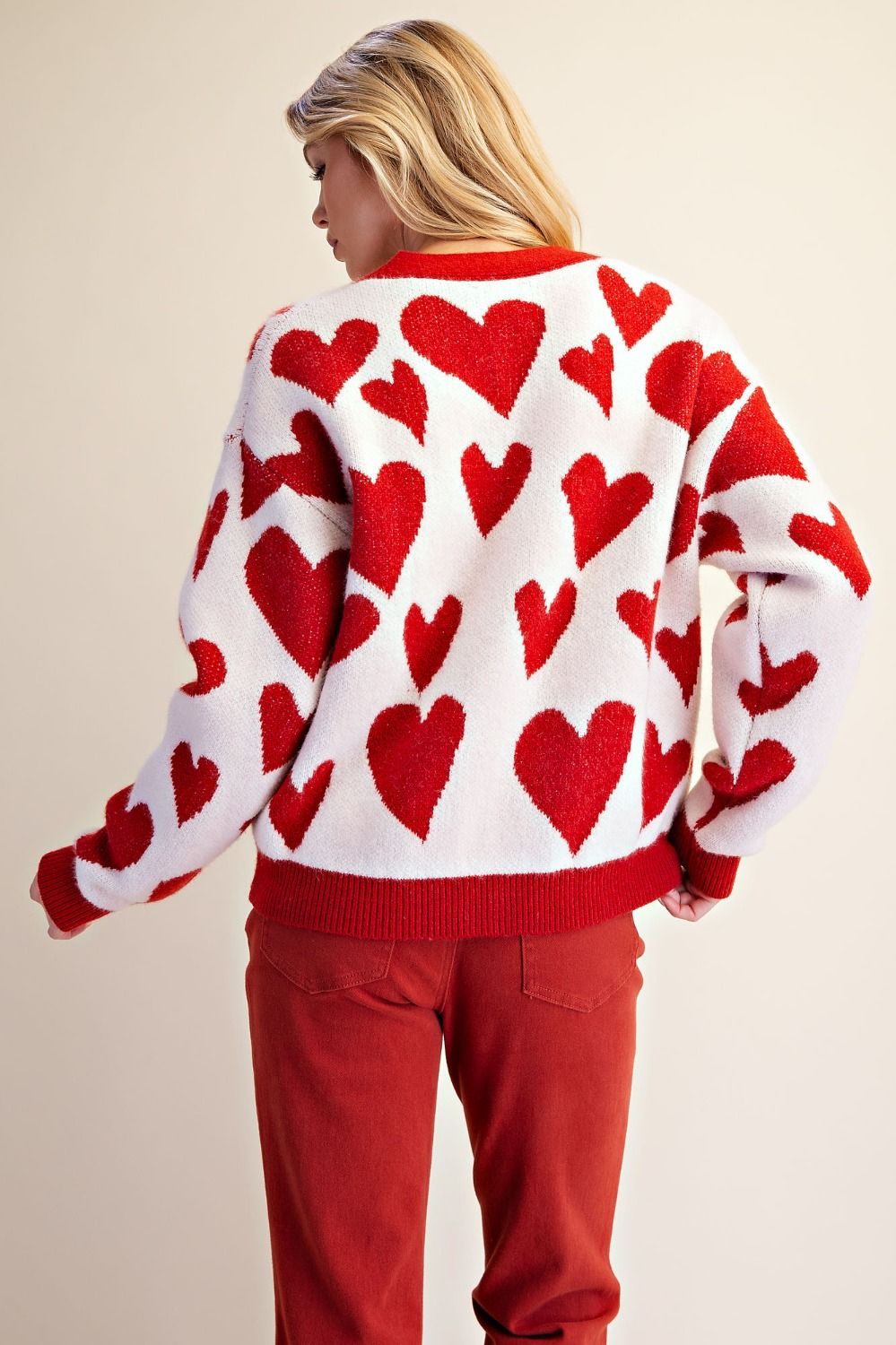 Easel Heart Pattern Knitted Sweater Cardigan in Ivory & Red-Cardigans & Kimonos-Easel-Deja Nu Boutique, Women's Fashion Boutique in Lampasas, Texas
