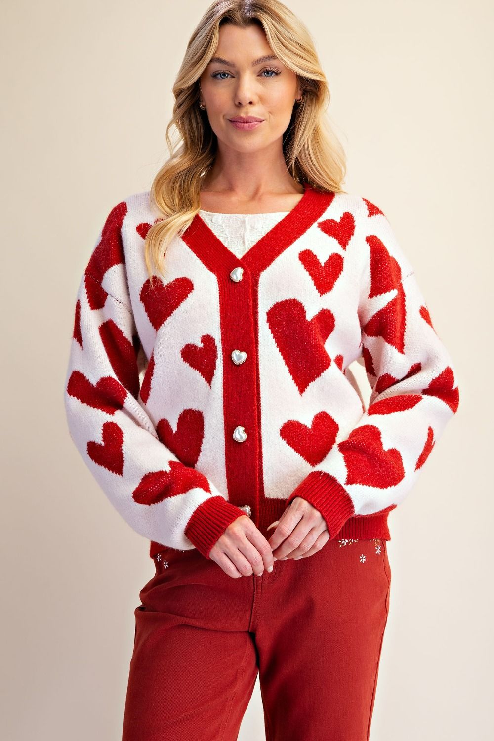 Easel Heart Pattern Knitted Sweater Cardigan in Ivory & Red-Cardigans & Kimonos-Easel-Deja Nu Boutique, Women's Fashion Boutique in Lampasas, Texas