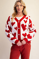 Easel Heart Pattern Knitted Sweater Cardigan in Ivory & Red-Cardigans & Kimonos-Easel-Deja Nu Boutique, Women's Fashion Boutique in Lampasas, Texas