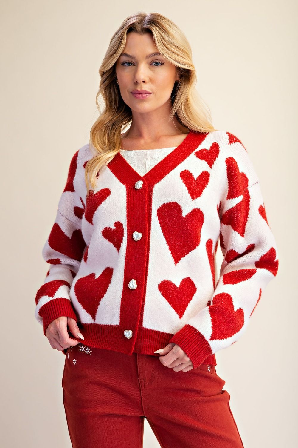 Easel Heart Pattern Knitted Sweater Cardigan in Ivory & Red-Cardigans & Kimonos-Easel-Deja Nu Boutique, Women's Fashion Boutique in Lampasas, Texas