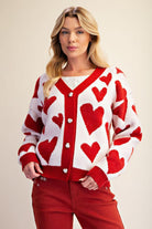 Easel Heart Pattern Knitted Sweater Cardigan in Ivory & Red-Cardigans & Kimonos-Easel-Deja Nu Boutique, Women's Fashion Boutique in Lampasas, Texas