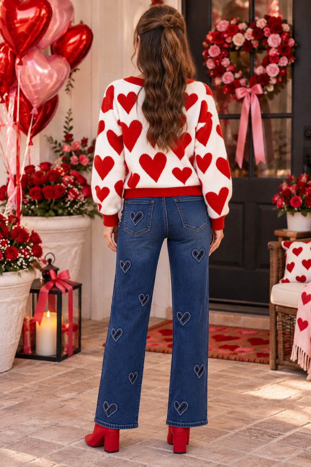 Easel Heart Pattern Knitted Sweater Cardigan in Ivory & Red-Cardigans & Kimonos-Easel-Deja Nu Boutique, Women's Fashion Boutique in Lampasas, Texas