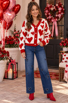Easel Heart Pattern Knitted Sweater Cardigan in Ivory & Red-Cardigans & Kimonos-Easel-Deja Nu Boutique, Women's Fashion Boutique in Lampasas, Texas