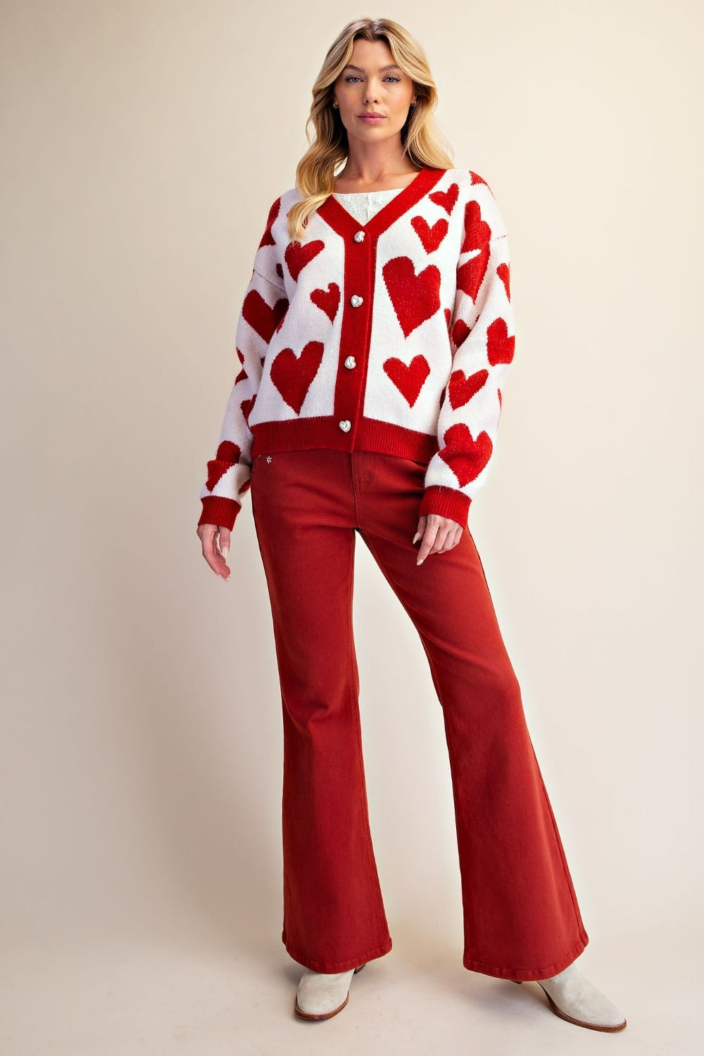 Easel Heart Pattern Knitted Sweater Cardigan in Ivory & Red-Cardigans & Kimonos-Easel-Deja Nu Boutique, Women's Fashion Boutique in Lampasas, Texas