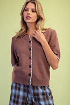Easel Mocha Contrast Trim Short Sleeve Knit Cardigan-Cardigans & Kimonos-Easel-Deja Nu Boutique, Women's Fashion Boutique in Lampasas, Texas