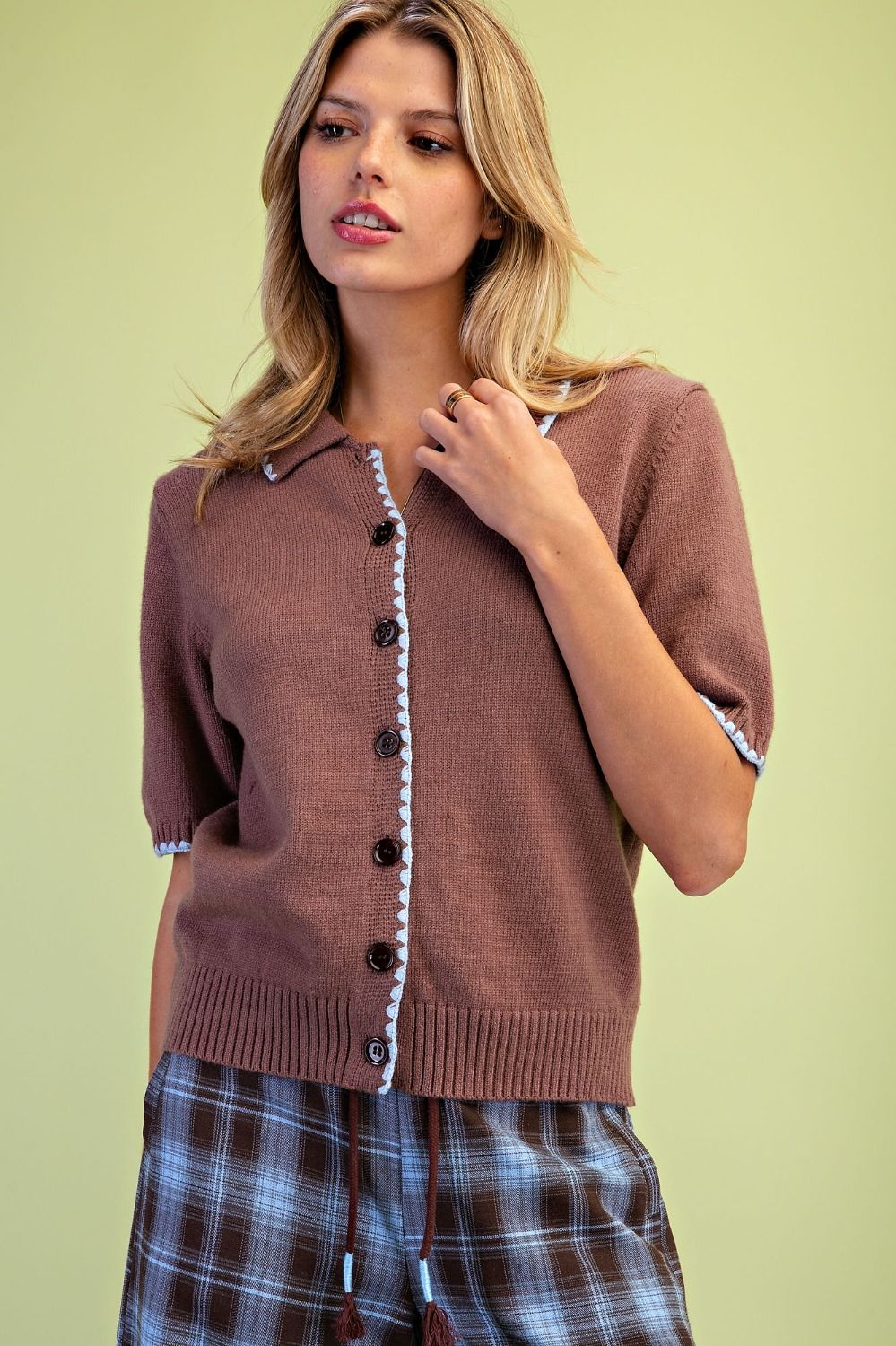 Easel Mocha Contrast Trim Short Sleeve Knit Cardigan-Cardigans & Kimonos-Easel-Deja Nu Boutique, Women's Fashion Boutique in Lampasas, Texas