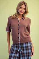 Easel Mocha Contrast Trim Short Sleeve Knit Cardigan-Cardigans & Kimonos-Easel-Deja Nu Boutique, Women's Fashion Boutique in Lampasas, Texas