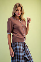 Easel Mocha Contrast Trim Short Sleeve Knit Cardigan-Cardigans & Kimonos-Easel-Deja Nu Boutique, Women's Fashion Boutique in Lampasas, Texas