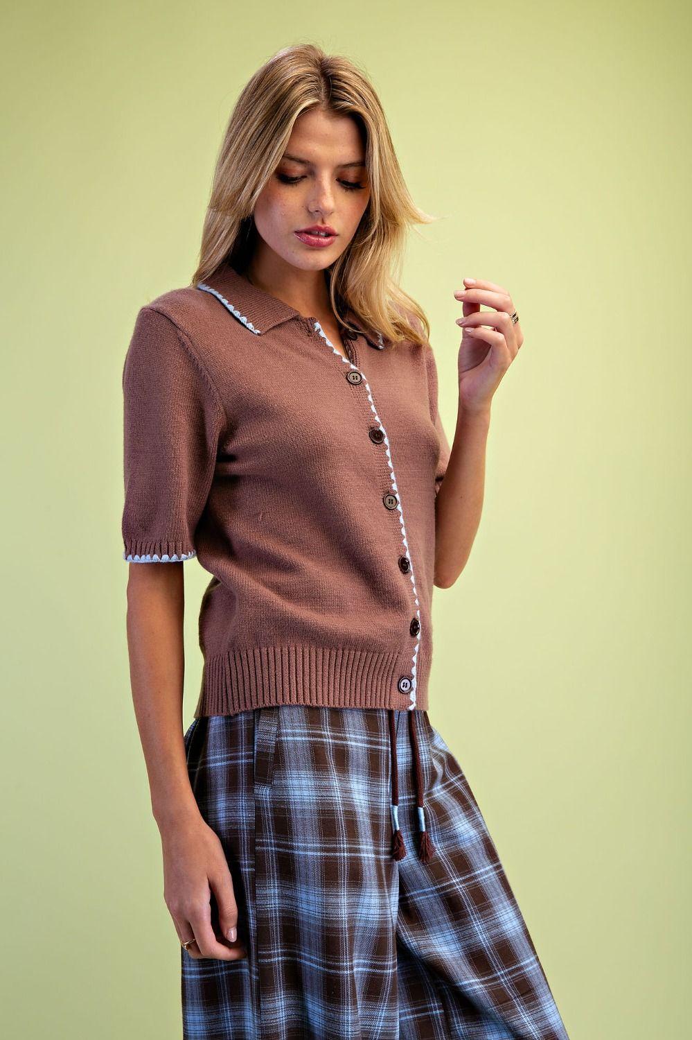 Easel Mocha Contrast Trim Short Sleeve Knit Cardigan-Cardigans & Kimonos-Easel-Deja Nu Boutique, Women's Fashion Boutique in Lampasas, Texas