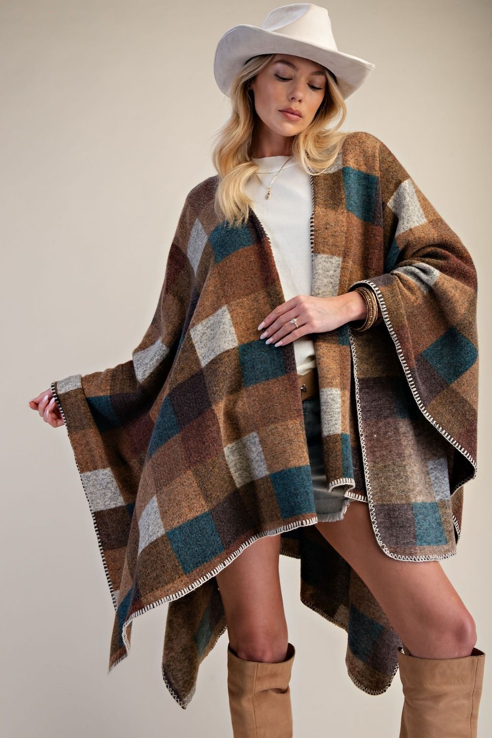 Easel Mocha Plaid Brushed Hacci Oversized Cape-cape-Easel-Deja Nu Boutique, Women's Fashion Boutique in Lampasas, Texas