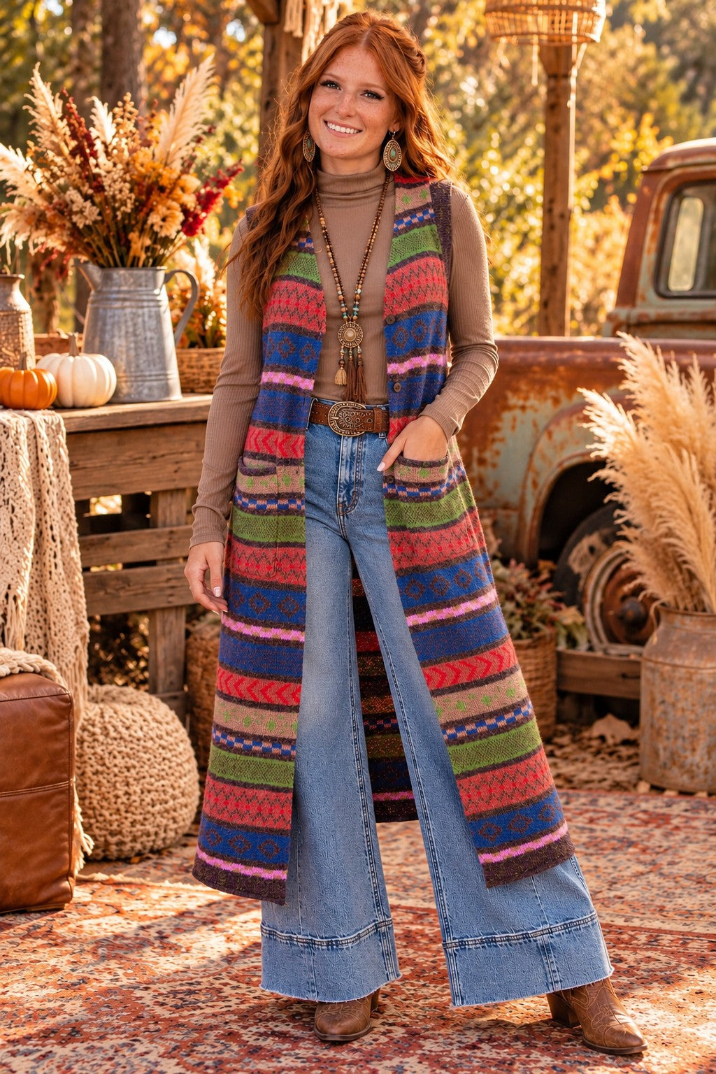 Easel Multi Color Knitted Sweater Maxi Vest-Vest-Easel-Deja Nu Boutique, Women's Fashion Boutique in Lampasas, Texas
