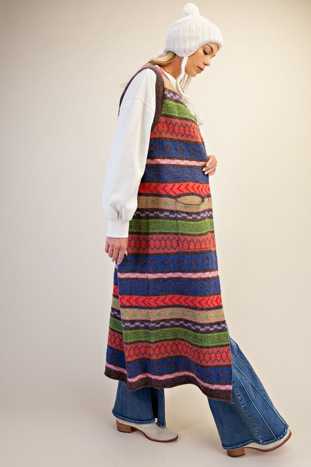 Easel Multi Color Knitted Sweater Maxi Vest-Vest-Easel-Deja Nu Boutique, Women's Fashion Boutique in Lampasas, Texas