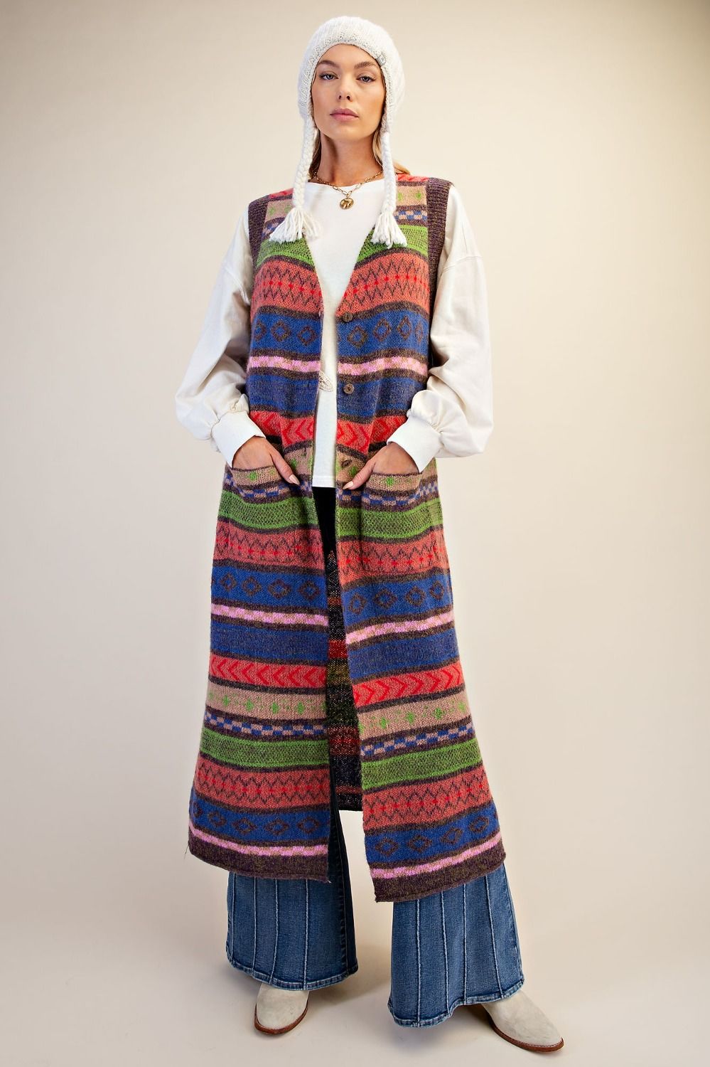 Easel Multi Color Knitted Sweater Maxi Vest-Vest-Easel-Deja Nu Boutique, Women's Fashion Boutique in Lampasas, Texas
