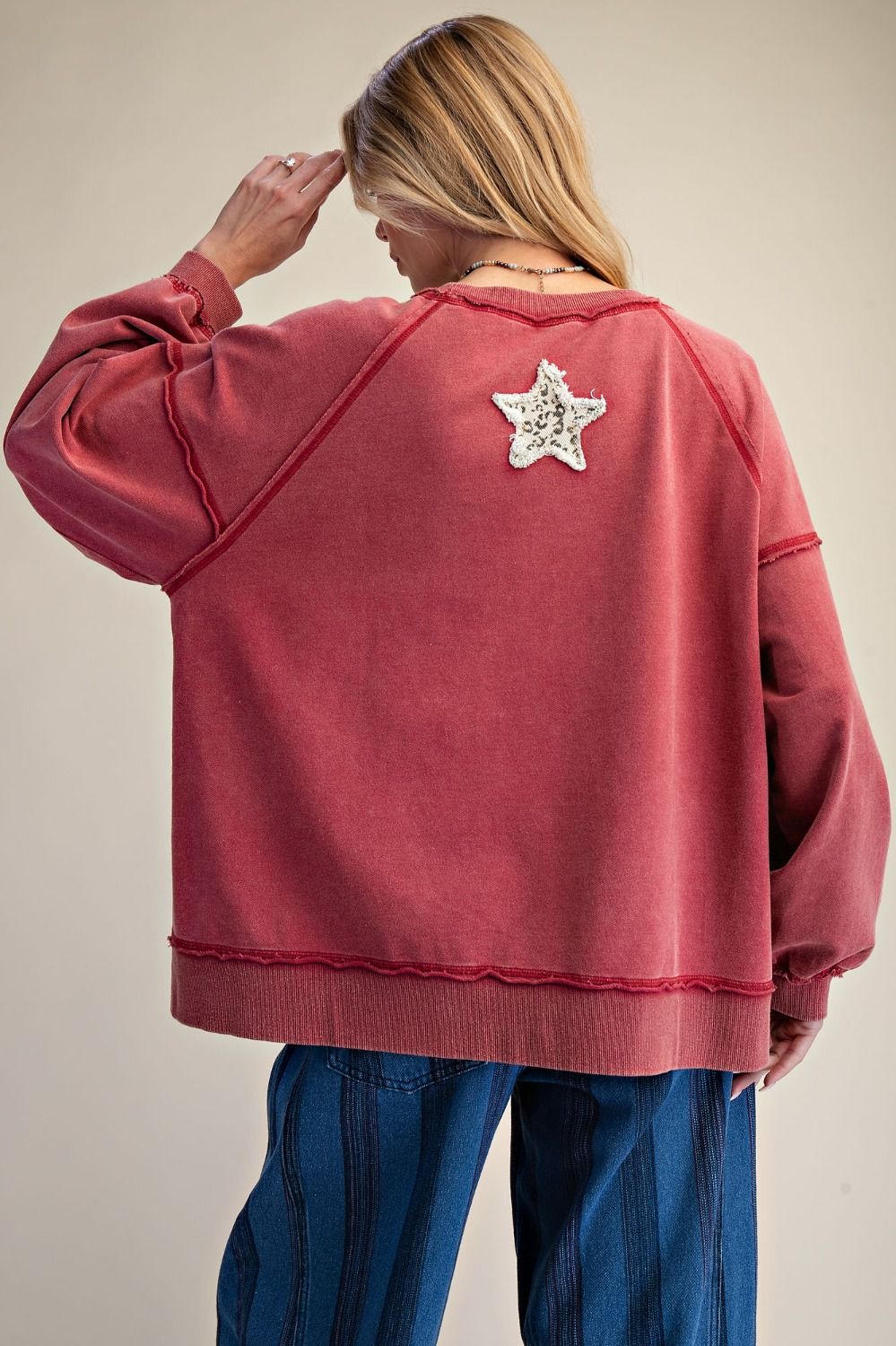 Easel Patchwork Star Mineral Washed Pullover - Red-Tops-Easel-Deja Nu Boutique, Women's Fashion Boutique in Lampasas, Texas