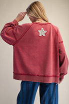 Easel Patchwork Star Mineral Washed Pullover - Red-Tops-Easel-Deja Nu Boutique, Women's Fashion Boutique in Lampasas, Texas