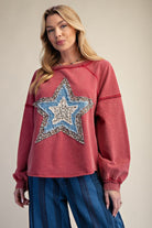 Easel Patchwork Star Mineral Washed Pullover - Red-Tops-Easel-Deja Nu Boutique, Women's Fashion Boutique in Lampasas, Texas