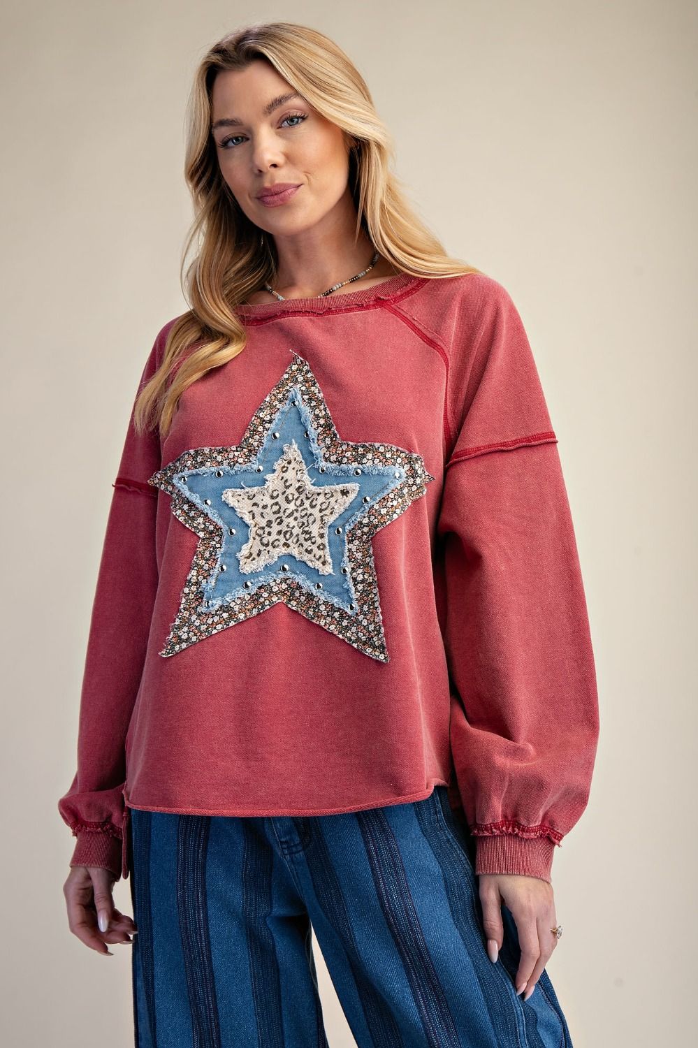 Easel Patchwork Star Mineral Washed Pullover - Red-Tops-Easel-Deja Nu Boutique, Women's Fashion Boutique in Lampasas, Texas