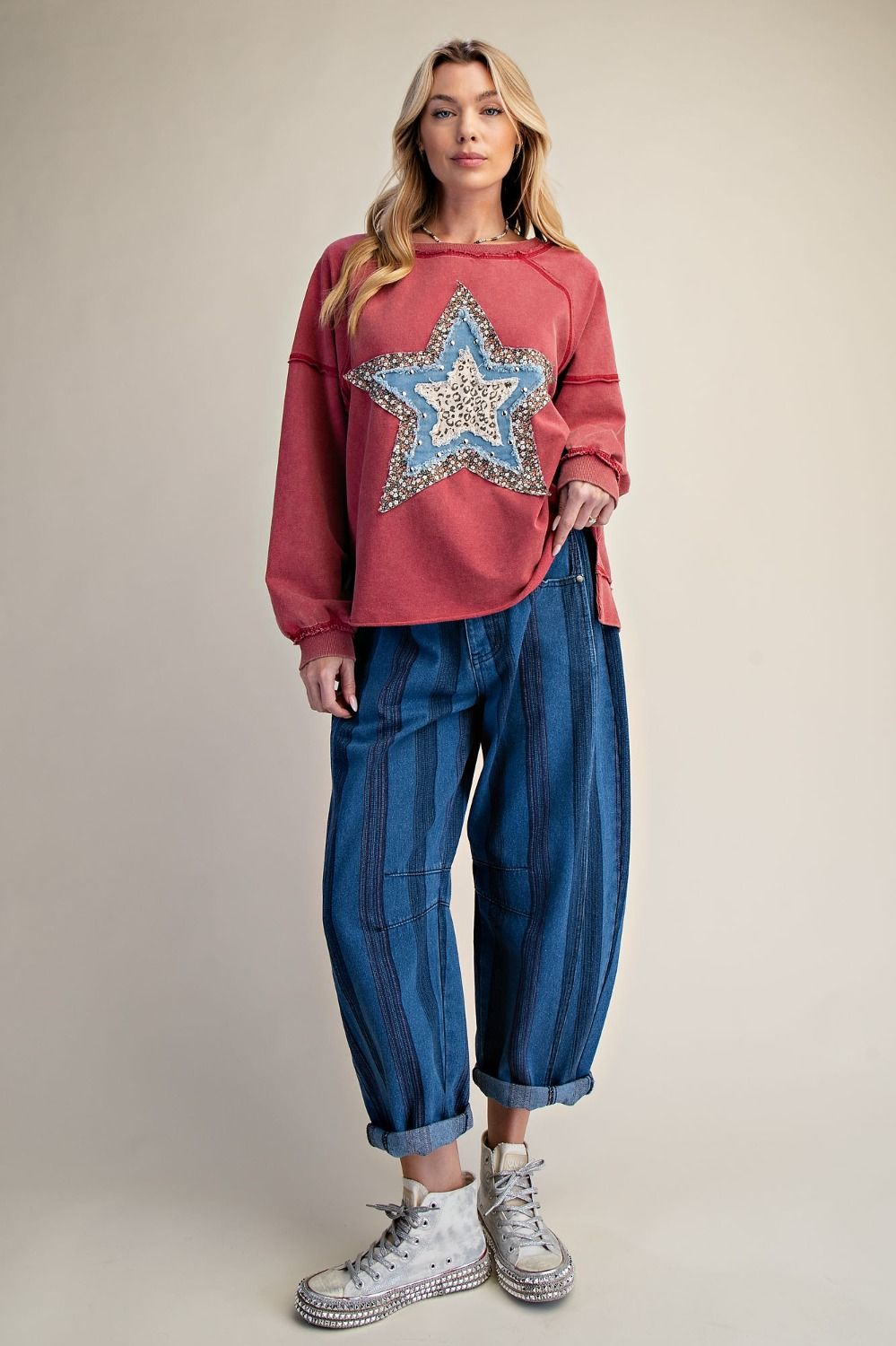 Easel Patchwork Star Mineral Washed Pullover - Red-Tops-Easel-Deja Nu Boutique, Women's Fashion Boutique in Lampasas, Texas