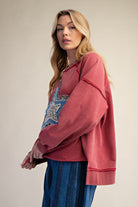 Easel Patchwork Star Mineral Washed Pullover - Red-Tops-Easel-Deja Nu Boutique, Women's Fashion Boutique in Lampasas, Texas
