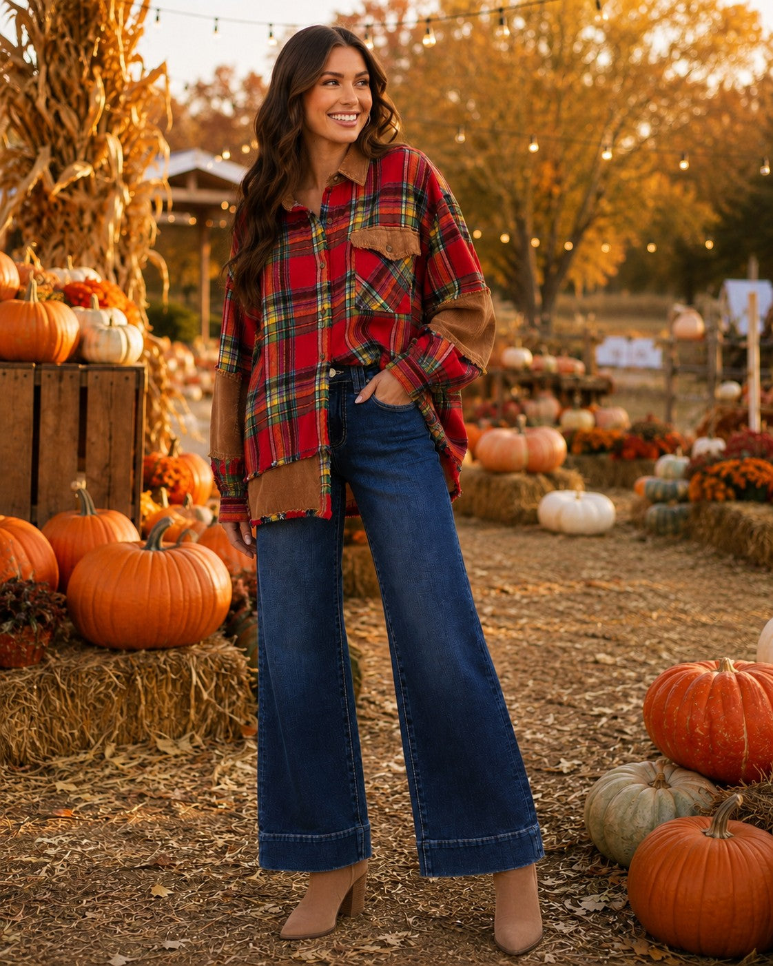 Easel Boho Red Mixed Plaid & Corduroy Shacket-Shackets-Easel-Deja Nu Boutique, Women's Fashion Boutique in Lampasas, Texas
