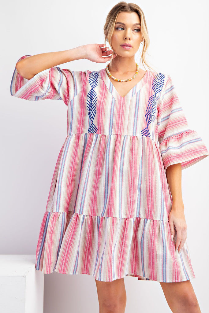Easel Embroidered Pink Stripe Boho Dress-Short Dresses-Easel-Deja Nu Boutique, Women's Fashion Boutique in Lampasas, Texas