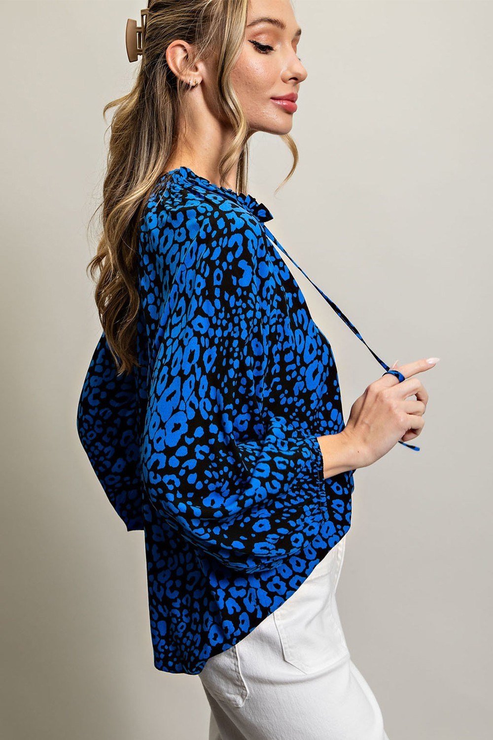 ee:some Royal Blue Leopard Print Blouse-Long Sleeves-ee:some-Deja Nu Boutique, Women's Fashion Boutique in Lampasas, Texas