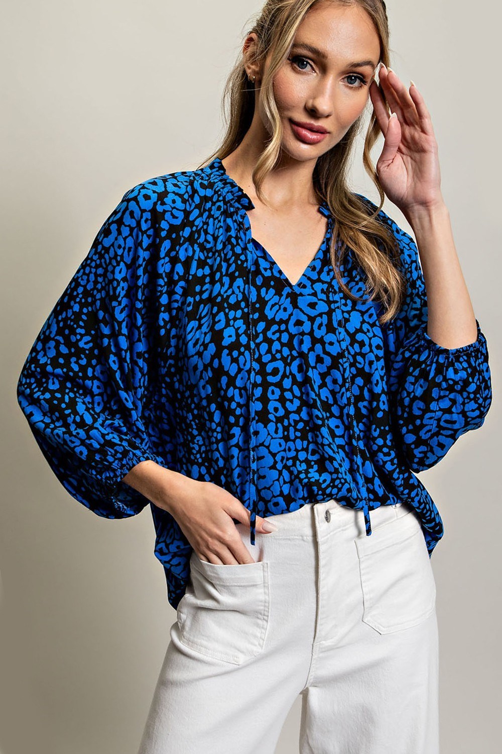 ee:some Royal Blue Leopard Print Blouse-Long Sleeves-ee:some-Deja Nu Boutique, Women's Fashion Boutique in Lampasas, Texas