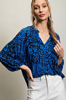 ee:some Royal Blue Leopard Print Blouse-Long Sleeves-ee:some-Deja Nu Boutique, Women's Fashion Boutique in Lampasas, Texas