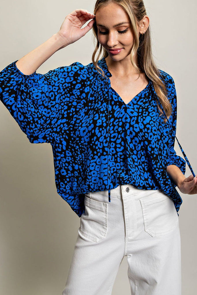 ee:some Royal Blue Leopard Print Blouse-Long Sleeves-ee:some-Deja Nu Boutique, Women's Fashion Boutique in Lampasas, Texas