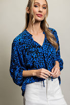 ee:some Royal Blue Leopard Print Blouse-Long Sleeves-ee:some-Deja Nu Boutique, Women's Fashion Boutique in Lampasas, Texas