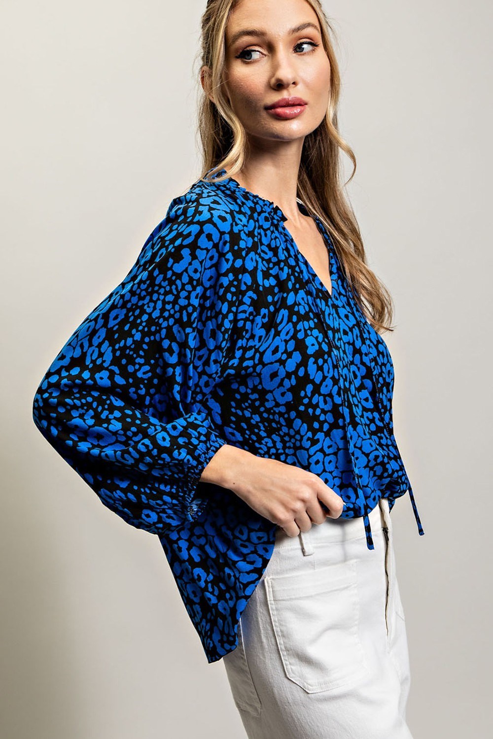 ee:some Royal Blue Leopard Print Blouse-Long Sleeves-ee:some-Deja Nu Boutique, Women's Fashion Boutique in Lampasas, Texas