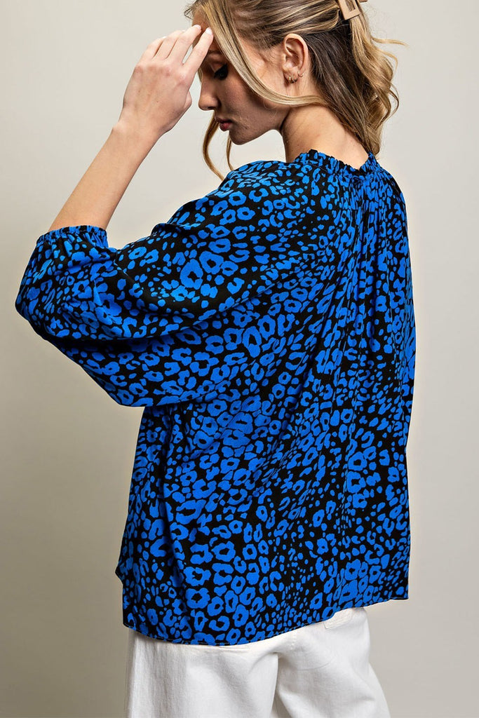 ee:some Royal Blue Leopard Print Blouse-Long Sleeves-ee:some-Deja Nu Boutique, Women's Fashion Boutique in Lampasas, Texas