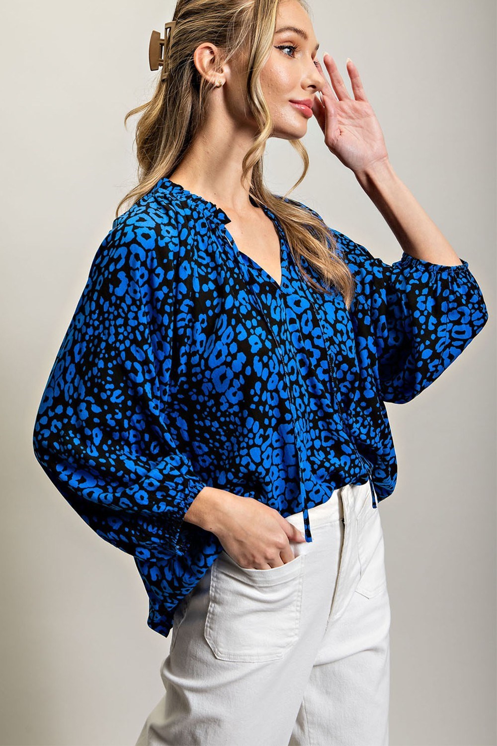 ee:some Royal Blue Leopard Print Blouse-Long Sleeves-ee:some-Deja Nu Boutique, Women's Fashion Boutique in Lampasas, Texas