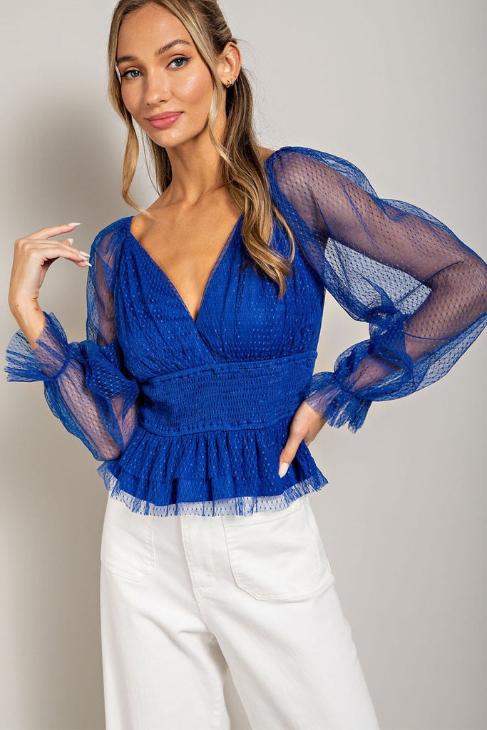 eeSome Royal Blue V Neck Mesh Dot Sleeve Blouse-Long Sleeves-ee:some-Deja Nu Boutique, Women's Fashion Boutique in Lampasas, Texas