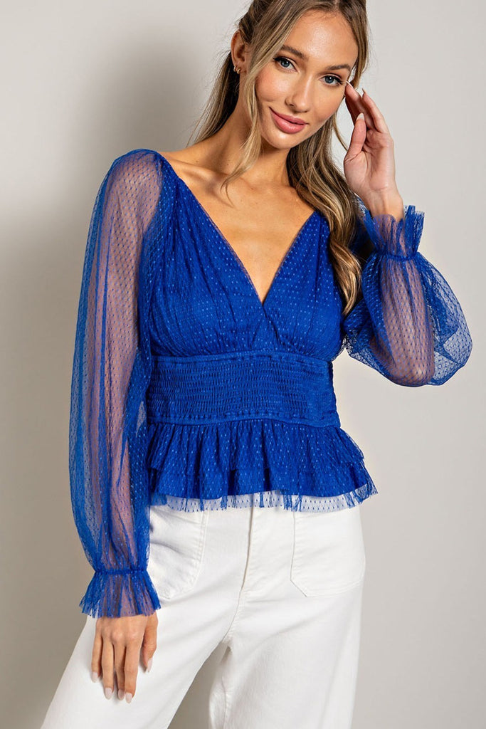 eeSome Royal Blue V Neck Mesh Dot Sleeve Blouse-Long Sleeves-ee:some-Deja Nu Boutique, Women's Fashion Boutique in Lampasas, Texas