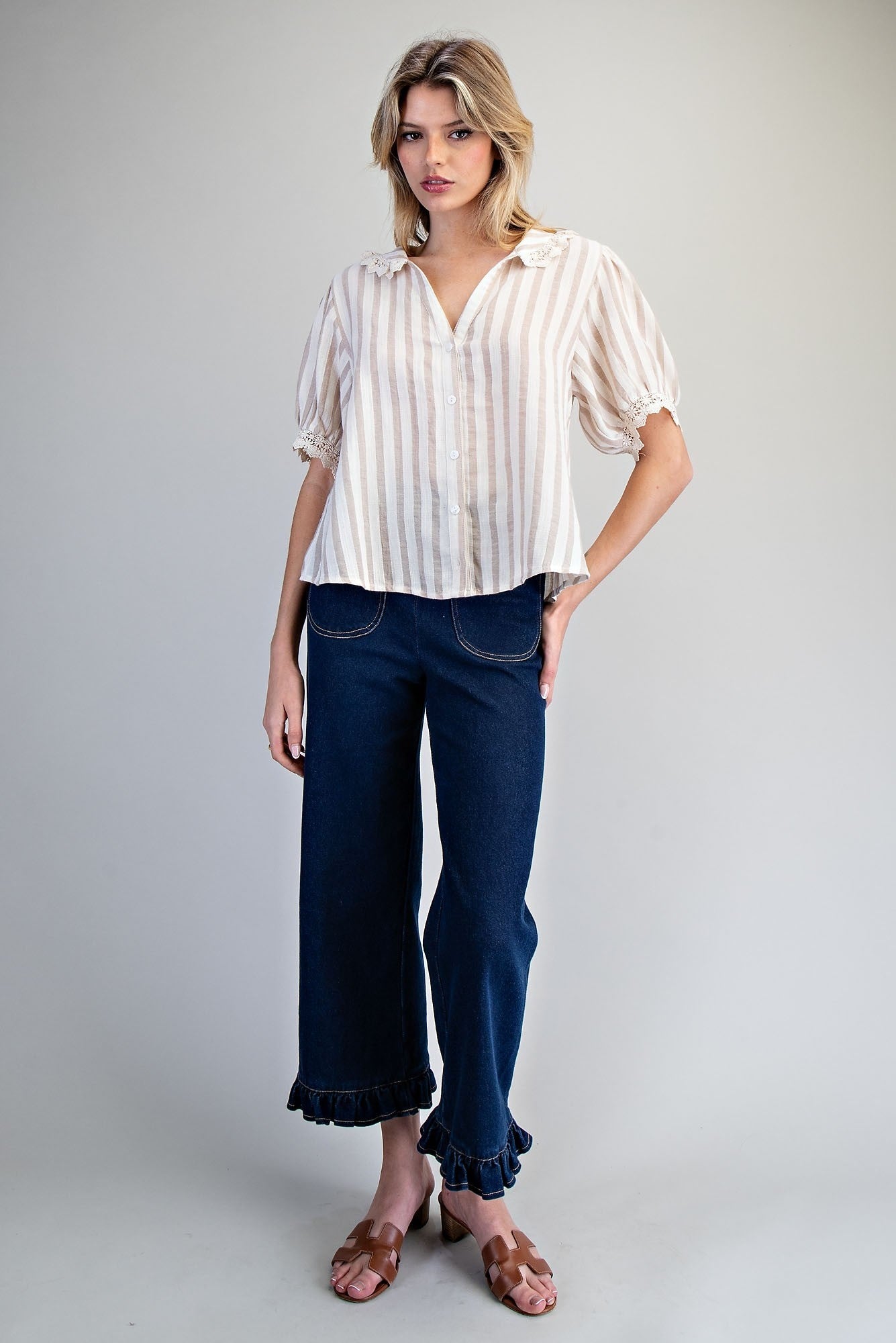 ee:some Lace Trim Striped Button Down Top – Natural-shirts-ee:some-Deja Nu Boutique, Women's Fashion Boutique in Lampasas, Texas